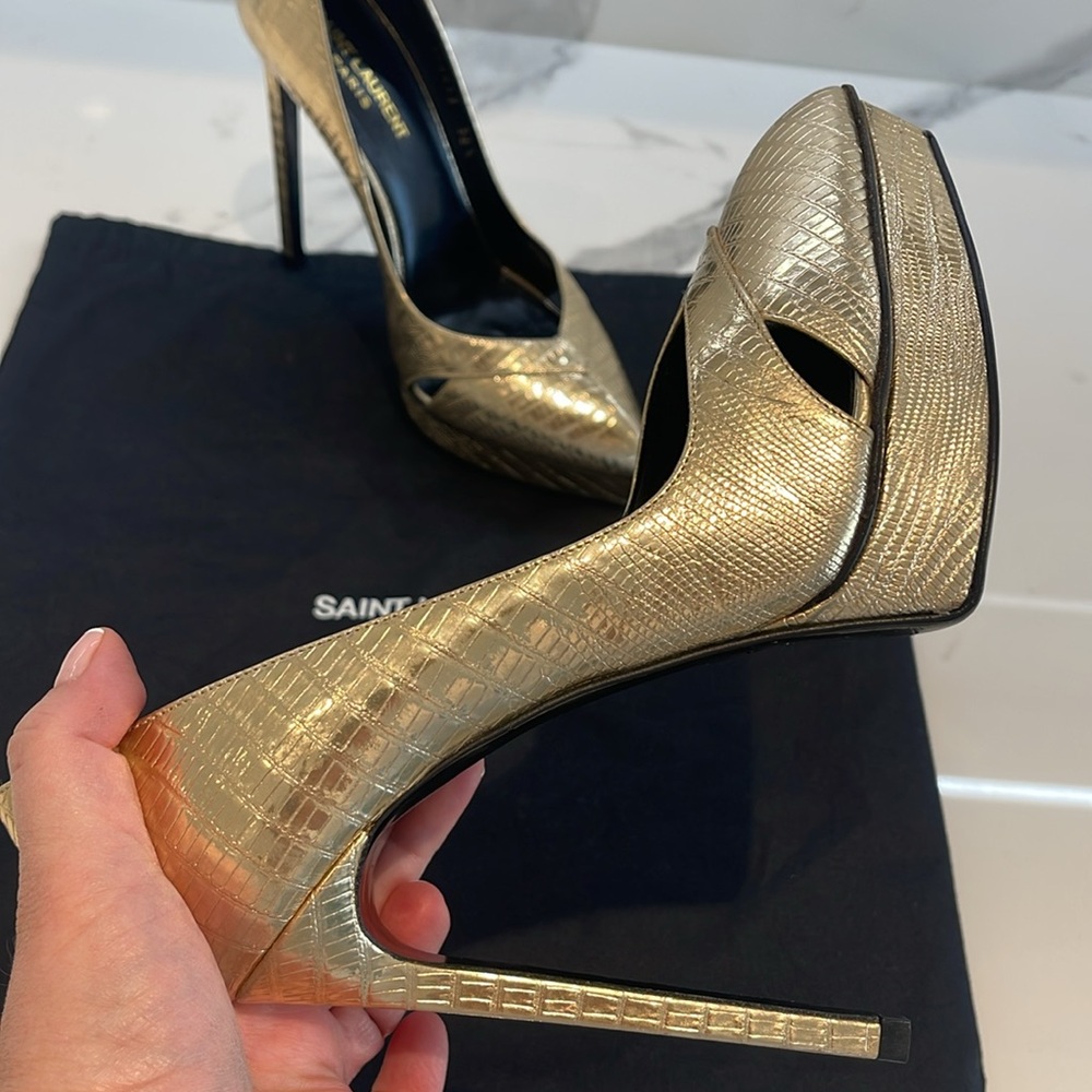 Saint Laurent Paris Notched Python-Embossed Pump, in Gold High Heel Size 38.5